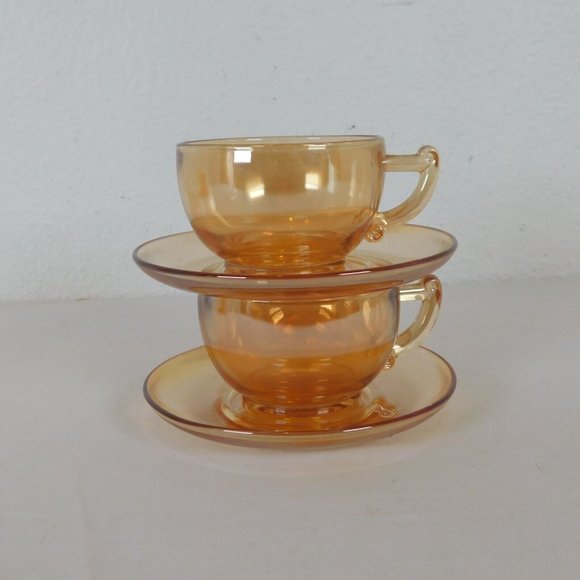 Set of 2 Jeanette Glass Moderne Marigold Iridescent Cup & Saucer Set Punch Cup - Picture 1 of 10